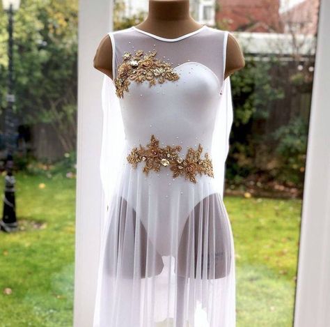 White And Gold Lyrical Dance Costumes, Contemporary Outfits Dance, White Dance Costumes, Contemporary Dance Outfits, Dance Wear Outfits, Solo Dance Costumes, Cute Dance Costumes, Pretty Dance Costumes, Royalty Dress