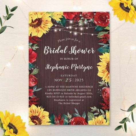 Fall Bridal Shower Sunflowers Red Roses Invitation Red Roses Invitation, Rose And Sunflower, Bridal Shower Modern, Wood Watercolor, Modern Greenery, Fall Bridal Shower Invites, Sunflower Bridal Shower, Daughter Best Friend, Shower Modern