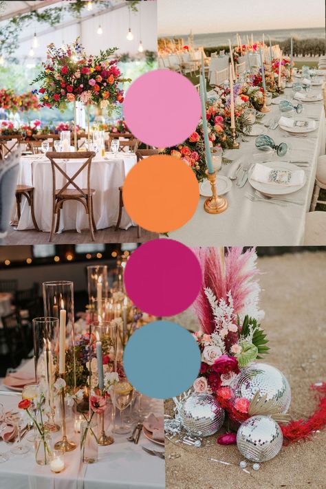 Summer Colours Wedding, Wedding Decor Bright Colors, June Color Palette Wedding Ideas, Wedding Colour Schemes Bright, Bright And Bold Wedding Colors, Beach Color Wedding Colour Palettes, Bright Wedding Colour Schemes, Colorful Reception Wedding, Neon Wedding Color Palette