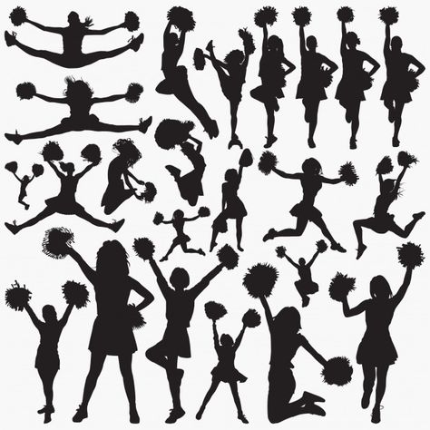 Silhuetas de líder de torcida Vetor Premium Poms Dance Team, Cheerleader Clipart, Cheer Jumps, Cheerleading Poses, Dancing Silhouette, Football Vector, Football Girl, Sports Vector, Female Football