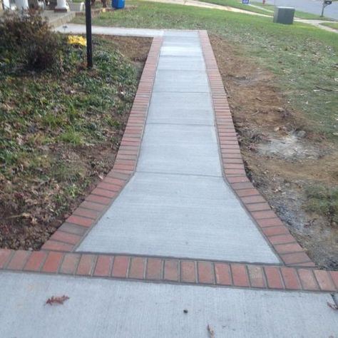 Concrete Driveway and Brick Lined Path in Reston, VA | Wright's Concrete Brick Lined Sidewalk, Brick Lined Driveway, Concrete And Brick Patio, Pavers Walkway, Walkway Designs, Outdoor Ramp, Reston Virginia, Reston Va, Brick Sidewalk