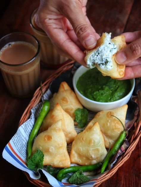 Dahi ka Samosa (Samosas stuffed with Curd) - Dine With Gitanjali Dahi Recipe, Grilled Paneer, Veg Snacks, Samosa Recipe, Indian Appetizers, Spicy Snacks, Vegetarian Snacks, Indian Snack Recipes, Ultimate Comfort Food