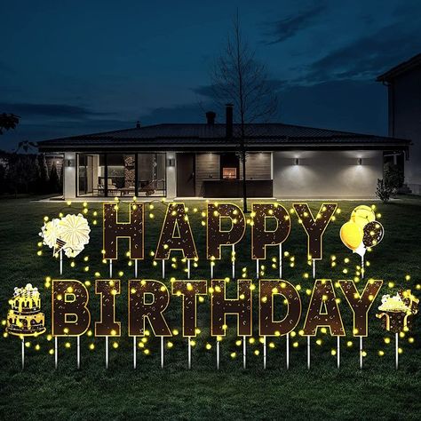 Birthday lawn sign with String Light Outdoor Birthday Decorations Happy Birthday Yard Supplies for Home Yard Lawn Garden Party, Black and Gold #CommissionEarned Outdoor Birthday Decorations, Home Garden Party, Happy Birthday Yard Signs, Halloween Yard Signs, Halloween Lawn, Front Yard Decor, Birthday Yard Signs, Outdoors Birthday Party, Outdoor Birthday