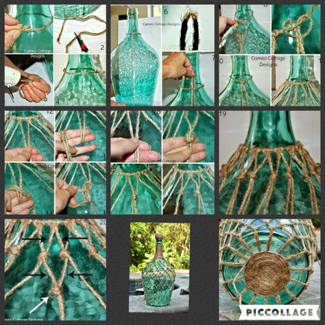 Twine Wrapped Bottles, Bottles Diy, Hantverk Diy, Cottage Designs, Makramee Diy, Wine Bottle Art, Wine Bottle Diy Crafts, Wine Bottle Diy, Altered Bottles