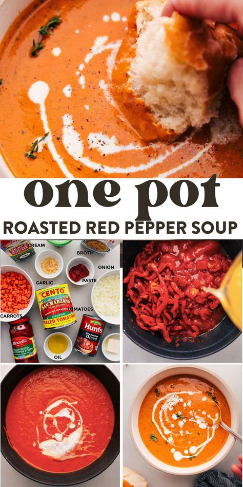 Roasted Red Pepper Soup is creamy and packed with flavor from tomatoes and roasted red peppers. The secret ingredient? A spoonful of basil pesto! Zupas Roasted Red Pepper And Lobster, Roasted Red Pepper Tomato Basil Soup, Roasted Red Pepper Soup Crock Pot, Red Bell Pepper Soup, Tomato Red Pepper Soup, Bell Pepper Soup, Tomato Basil Soup Recipe, Roasted Red Pepper Soup, Red Pepper Soup