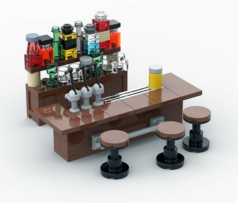 PDF download with step by step instructions to build the bar, stools, and the structure/shelves behind the bar.  No parts included Lego Moc Ideas, Lego Bar, Cool Lego Ideas, Lego Furniture Ideas, Lego Creations Instructions, Lego Building Ideas, Easy Lego Creations, Instructions Lego, Lego Decorations