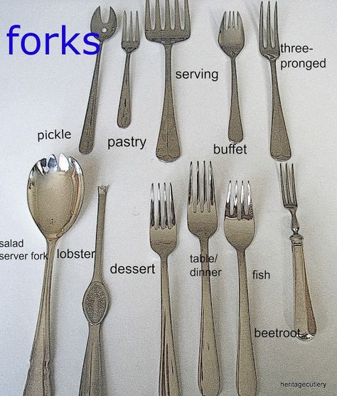 We now have all kinds of forks for all kinds of purposes. We have serving forks, forks for pickle, cold meat, forks for fish, forks for lobster, forks for pastries, afternoon tea, for main courses and so on.Here are some of the forks around today. There are forks for all occasions. They make eating that little bit more special. Types Of Forks, Pastries Buffet, Standard Kitchen, Cake Fork, Cold Meat, Serving Fork, Beautiful Table Settings, Different Kinds, Salad Servers