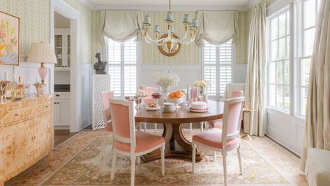 alexander interiors Grey Striped Wallpaper, Pink Dining Chairs, Pink Dining Rooms, Dark Brown Walls, Beadboard Wainscoting, White Wainscoting, Wine Merchant, Southern Living Homes, Georgia Homes