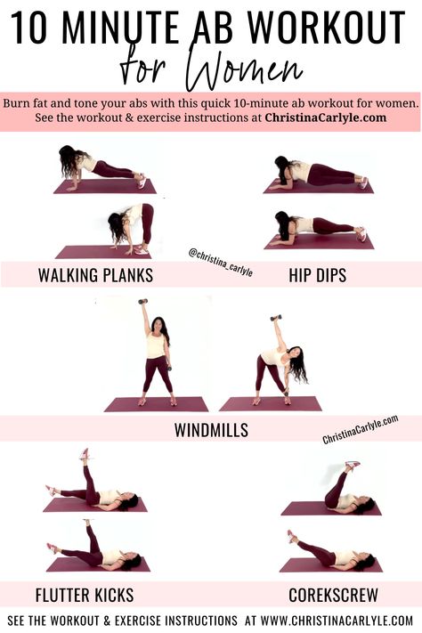 A quick, effective 10 minute Ab Workout for women that want a Tight, Toned Tummy on the fly from trainer Christina Carlyle. Killer Core Workout, Ab Workout For Women, Christina Carlyle, 10 Minute Ab Workout, 10 Minute Abs, Mini Workouts, Reduce Thigh Fat, Exercise To Reduce Thighs, Lose Thigh Fat