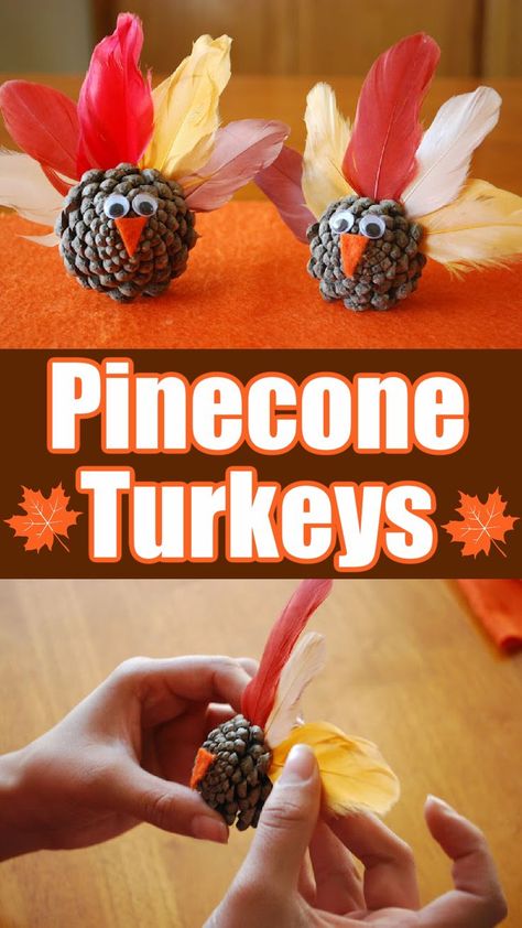 Turkey pine cones decorated with feathers, felt, and googly eyes. Pinecone Turkeys, Pinecone Turkey, Traditional Thanksgiving Dinner, Craft Feathers, Thanksgiving Turkey Craft, Turkey Craft, Bible School Crafts, Thanksgiving Crafts For Kids, Cones Crafts