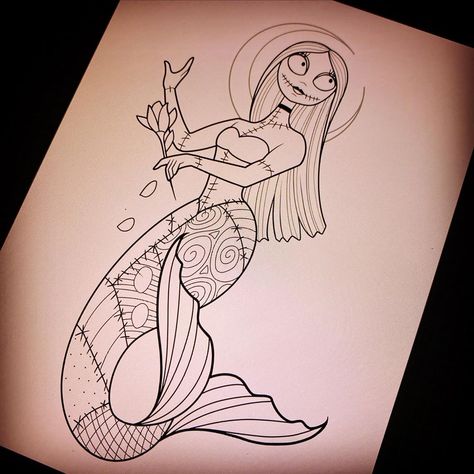 Zombie Mermaid Tattoo, Gothic Mermaid Tattoo, Disney Traditional Tattoo, Sally Nightmare Before Christmas Drawing, Jack And Sally Drawing, Sally Drawing, Sally Tattoo, Horror Clipart, Jack Skellington Tattoo