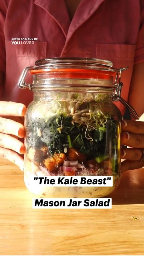 "The Kale Beast" Vegan Mason Jar Salad in 2022 | Mason jar salad, Plant based recipes, Easy meals Pescatarian Recipes Healthy, Dino Kale, Scrappy Cooking, Creator Inspiration, Kale Recipe, Creamy Hummus, Jar Salads, Jar Salad, Plant Based Meal Planning