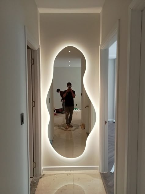 #wallmirror #homedecor #mirror #interiordesign #walldecor #hiasandinding #wallmirrordecor Interior Design Mirror Ideas, Large Led Mirror, Led In Bathroom, Bathroom Light Up Mirror, Fancy Mirror Design, Lights On Mirror, Espejos Aesthetic, Big Mirror In Bedroom, Aesthetic Mirrors