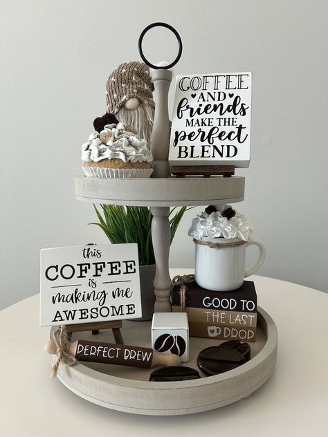 Coffee Signs and Bookstack - Etsy Canada Kitchen Display Shelves, Estilo Farmhouse, Coffee Collection, Tea Station, Tier Trays, Summer Decorations, Decoupage Wood, Tier Shelf, Cheap Christmas Gifts