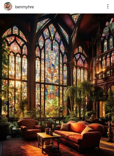 Castle Stained Glass Windows, Stained Glass Library, Victorian Library Aesthetic, Renovation Ideas Exterior, Victorian Stained Glass Windows, Glass Mansion, Gothic Revival House, Library Inspiration, Revival Architecture