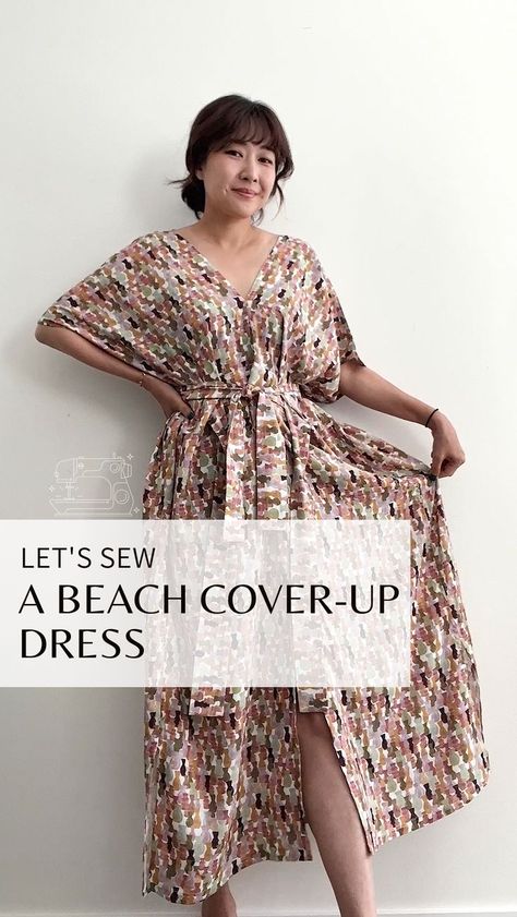 A woman wearing a long, multi-colour beach cover-up dress, standing in front of a white background. Text on screen says "Let's sew a beach cover-up dress." Fabric Shears, Sewing School, Beach Coverup Dress, Beach Cover Ups, Breezy Dress, Fabric Markers, Straight Stitch, Fabric Tape, How To Sew