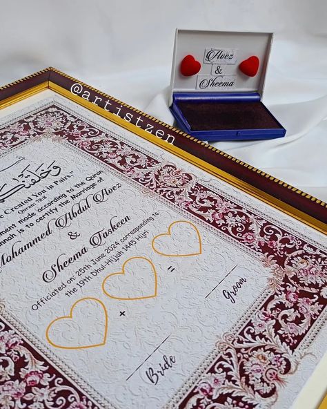 Sign your Dreamy Nikah Certificate 🖇💌!! ⭐ Printed Nikah Certificate with Inkpad . . #calligraphy #nikahframes #nikahcertificate #thumprint #instagood #explore #printednikah Nikah Nama Certificate, Nikkah Ideas, Engagement Card Design, Nikah Certificate, Nikkah Nama, Bridal Shower Photo Prop, Wedding Frame Gift, Floral Logo Design, Wedding Certificate