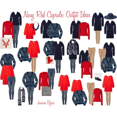 "Navy Red Capsule: Outfit Ideas" by jeaninebyers on Polyvore Red And Royal Blue Outfit, Navy Blue And Red Outfit, Gray And Red Outfit, Red Capsule Wardrobe, Red And Gray Outfit, Capsule Outfit Ideas, Core Wardrobe, Capsule Wardrobe Outfits, Fashion Capsule Wardrobe