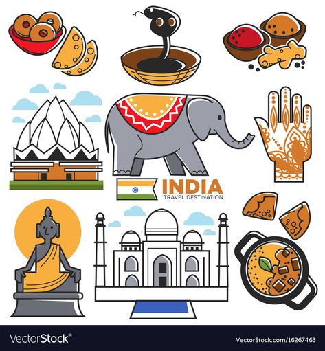 India tourism travel and indian culture Royalty Free Vector Free Printable World Map, India Tourism, India For Kids, Lotus Temple, India Poster, Ganesha Elephant, India Crafts, Geography For Kids, India Culture