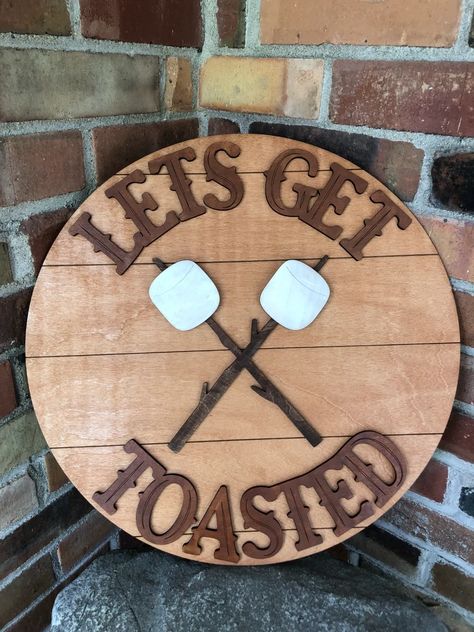 Lets Get Toasted Camping Smores Wooden Round Sign - Etsy Marshmallow Campfire, Camping Smores, Camping Projects, Music Festival Camping, Wine Glass Candle Holder, Wine Glass Candle, Tier Trays, Food Signs, Camping Signs