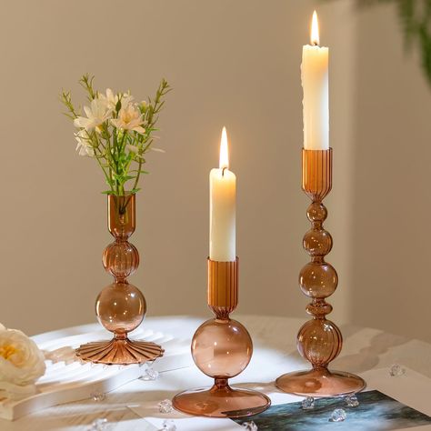 Candle Taper Holder, Candlestick Mantle Decor, Candlestick Centerpiece Dining Room, Tall Candle Holders Decor, Candle Holders Decor Ideas, Thanksgiving Dining Table Decor, Destiny Wedding, Candle Stick Holders Decor, Wedding Table Centerpieces Elegant