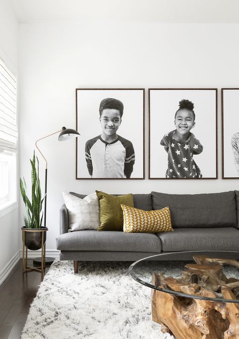 Photo Wall Big Pictures, Two Big Pictures On Wall, Living Room Decor Big Wall, Family Potraits Idea Living Room, Portrait And Landscape Photo Wall, Big Photos On Wall Living Room, Big Wall Pictures Living Room, Modern Family Photo Wall Living Room, Big Gallery Wall Living Room