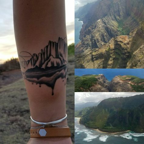 I got this tattoo of Na Pali Coast in Kauai to remind me of my happiest times. When I am traveling, exploring, loving and living life to its fullest. We just got back from our honeymoon in Kauai and we loved it! Kauai Tattoo Ideas, Kauai Tattoo, Matching Cousin Tattoos, Money Bag Tattoo, Cousin Tattoos, Hawaii Tattoos, Napali Coast, Bone Tattoos, Explore Tattoo