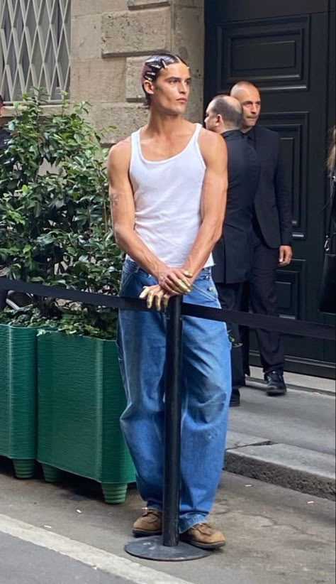 Runway Model Aesthetic Men, Male Model Off Duty, Male Runway Models, White Tank Jeans, Mens Casual Outfits Summer, Model Lifestyle, Boys Fits, Tank Top Outfits, Model Inspo