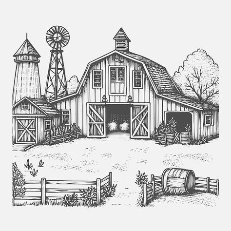 Retro Hand Drawn Farm Landscape Sketch Illustrations How To Draw A Farm, Farms Drawing, Landscape Architecture Design Sketch, Farm Drawing Easy, Farm Landscape Drawing, Farm Sketches Pencil, Farm Drawing Landscape, Old Farmhouse Drawings, Farm Scene Drawing