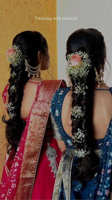 Bridal Messy Braid Indian, Blue Saree Engagement Look, Messy Hairstyles For Engagement, Hairstyle On Lehenga For Bride, Bridal Sister Hairstyles, Hairstyle For House Warming Ceremony, Indian Bridal Braided Hairstyles, Hair For Marriage, Hair Styles For Reception On Saree