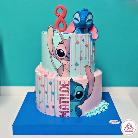 Drip Cake a tema Stitch in azzurro e rosa #stitch #angel #cakeideas #partyideasforkids #babycakes Stitch Smash Cake 1st Birthdays, Stitch Birthday Cake Girl, Stitch And Angel Cakes Ideas, Stitch Birthday Party Ideas Cake, Lilo And Angel Cake, Stitch Birthday Cake For Girl, Stitch And Angel Party Ideas, Pink Stitch Cake, Angel Stitch Cake