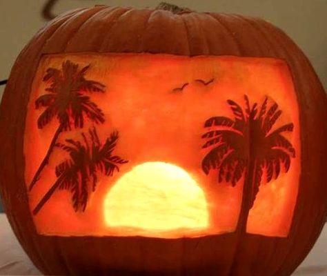 A tropical palmy beach pumpkin! And others... featured on BBL: http://beachblissliving.com/beach-pumpkins-fall/ Pumpkin Carving Ideas Hard, Hard Pumpkin Carving Ideas, Florida Halloween, Coastal Halloween, Pumpkin Competition, Fall Rolls, Pumkin Carving, Coastal Fall, Pumpkin Carving Contest