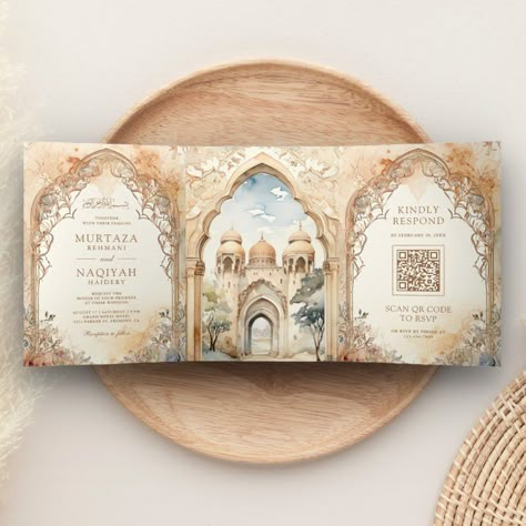 Desi Wedding Cards, Nikah Invitation Cards, Wedding Card Design Ideas, Middle Eastern Architecture, Aesthetic Invitation, Arabian Palace, Reception Invites, Eastern Architecture, Rsvp Website