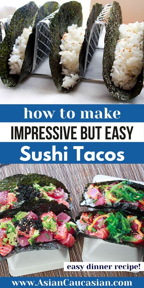 Sushi Stacks Recipe Salmon, Sushi Canapes Ideas, Sushi Tacos Recipe, Sushi Ideas Creative, Japanese Tacos, Japanese Fusion Food, Sushi Stacks Recipe, Sushi Seasoning, Fusion Sushi