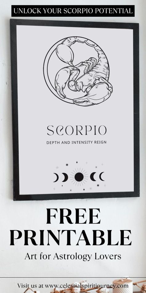 Scorpios are intense, passionate, and deeply emotional. Celebrate the powerful energy of Scorpio with this free Scorpio printable! Whether it’s for home decor or a unique gift, this beautiful art perfectly represents the transformative spirit of Scorpio. Download your free Scorpio zodiac sign printable today! Scorpio printable, free Scorpio art, zodiac sign printable, Scorpio zodiac sign, Scorpio home decor, astrology printable, Scorpio gift idea, Scorpio traits Celestial Spirit, Zodiac Sign Scorpio, Scorpio Art, Scorpio Gifts, Scorpio Traits, Scorpio Zodiac Sign, Sign Meaning, Free Printable Art, Zodiac Traits