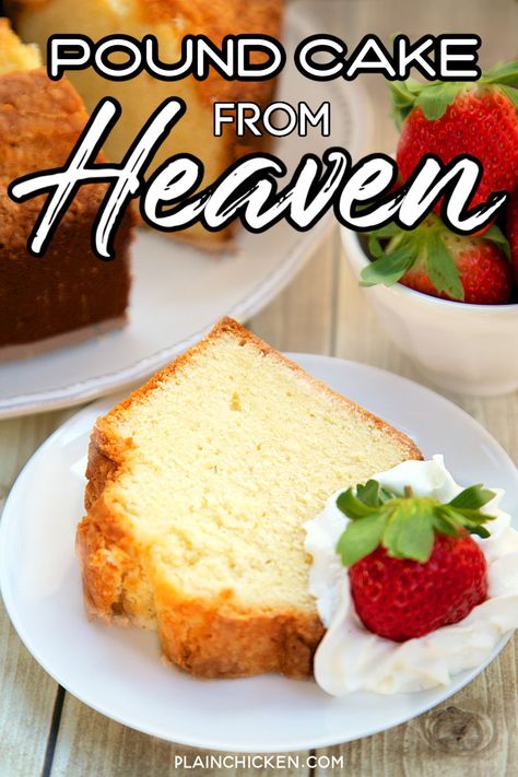 Pound Cake from Heaven – delicious Southern pound cake recipe! Sweet, rich and still as light as a feather. Great for a potluck; everyone loves this! Serve with some fresh whipped cream and strawberries. Can freeze leftovers for a quick dessert later!! #poundcake #bundtcake #dessert Cream Pound Cake Recipe, Whipping Cream Pound Cake, Freeze Leftovers, Whipped Cream And Strawberries, Southern Pound Cake, Cream And Strawberries, Quick Dessert, Pound Cake Recipe, Recipe Sweet