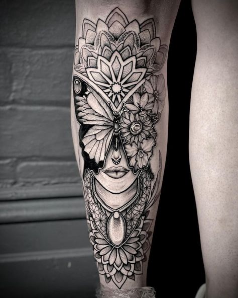 https://www.instagram.com/p/CV6mPKFvNqr/?utm_medium=share_sheet Forearm Tattoo Women Drawing, Mandala Calf Tattoo, Mandala Shin Tattoo, Shin Tattoo Womens, Mandala Leg Tattoo, Butterfly Mandala Tattoo, Forearm Mandala Tattoo, Half Mandala Tattoo, Mandala Tattoo Men