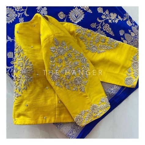 Yellow Embroidered Blouse, Kanchipattu Blouse Works, Patola Blouse Pattern, Yellow Pattu Blouse Work Designs, Kanchipattu Blouse Designs, Blue Saree With Yellow Blouse, Yellow Saree Blue Blouse Maggam Work, Pattu Blouse Maggam Work, Yellow Blouse Designs Latest