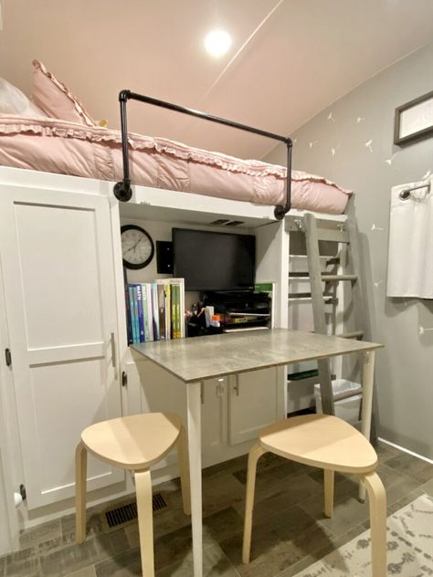 15 Renovation Ideas for an RV with Bunk Beds | RV Inspiration Camper Bunk Remodel, Mid Bunk Fifth Wheel, Rv Kids Room Ideas, Rv Master Bed Remodel, Rv Bunk Room Remodel, Rv With Bunk Beds, Rv Desk Ideas, Camper Bunk Bed Ideas, Rv Bunk Beds Ideas