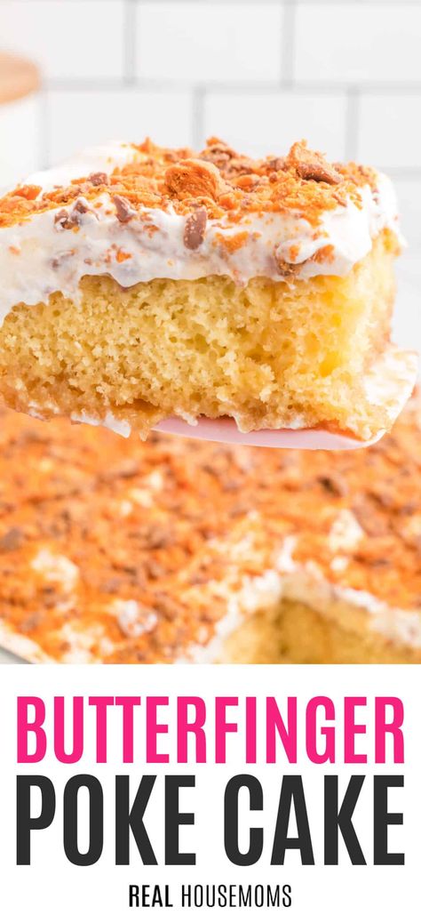 This decadent Butterfinger Cake combines everyone's favorite crispy, crunchy peanut buttery candy bar with a moist, fluffy cake! #Realhousemoms #butterfingercake #cake #dessert #candybar #crunchy #peanutbutter #fluffycake #halloween Publix Birthday Cakes, Butterfinger Recipes, Butterfinger Cake, Fluffy Cake, Cake Frosting Recipe, Poke Cake Recipes, Poke Cakes, Baked Pork Chops, Poke Cake