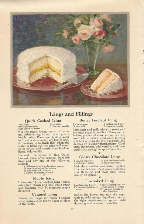 from a booklet called Cake Baking Made Easy with Airy Fairy (FLOUR) 1927.  If you have never tried a cake like this, I would highly recommend it.  There is nothing else like the flavor of a homemade cake Cooked Icing, 1920s Cake, Maple Icing, Vintage Pasta, Airy Fairy, Cake Filling Recipes, Cake Filling, Icing Cake, Vintage Baking