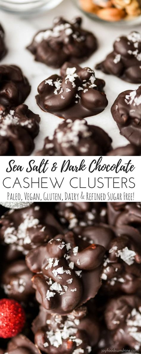 Candy Cashews, Cashew Clusters Recipe, Dark Chocolate Treats, Cashew Clusters, Chocolate Cashew, Dark Chocolate Desserts, Dark Chocolate Sea Salt, Dark Chocolate Recipes, Vegan Candies