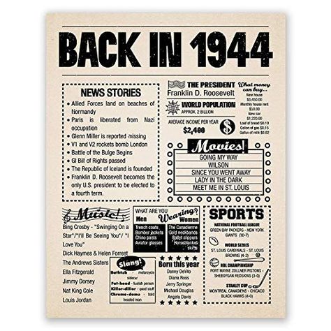 Amazon.com: 8x10 1944 Birthday Gift // Back in 1944 Newspaper Poster // 75th Birthday Gift // 75th Party Decoration // 75th Birthday Sign // Born in 1944 Print: Gateway 1920 Bedroom, 1964 Birthday, 1974 Birthday, 72 Birthday, Newspaper Poster, 75th Birthday Gifts, 59 Birthday, 89th Birthday, 49 Birthday