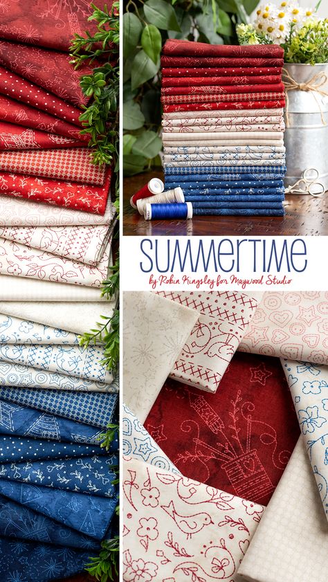 Summertime is a cute Maywood Studio fabric collection by Robin Kingsley from Bird Brain Designs. This collection features redwork-inspired hearts, stars, swirls, and tonal fabrics in red, cream, and blue, making them ideal patriotic fabrics for a summer quilt. Shop the available yardage, precuts, and panels at Shabby Fabrics! Bird Brain Designs, Free Quilting Patterns, Fabric Outlet, Bird Brain, Fabric Shops, Patriotic Fabric, Quilt Fabrics, Colorful Fabric, Maywood Studios