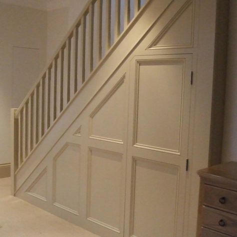 Under Stairs Panelling Ideas, Understairs Cupboard Door Ideas, Under Stair Panelling, Panelled Under Stairs Storage, Under Stairs Storage Panelling, Panelling Under Stairs, Understairs Panelling, Under Stairs Panelling, Doors Under Stairs