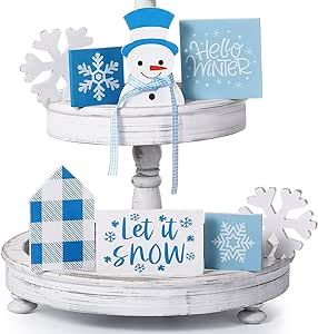 Farmhouse Winter Tiered Tray Decor, Snowman Tiered Tray Decor, Winter Tray Decor, Snowflake Sign, Winter Kitchen Decor, Farmhouse Tray Decor, Winter Tray, Winter Tiered Tray Decor, Let It Snow Sign