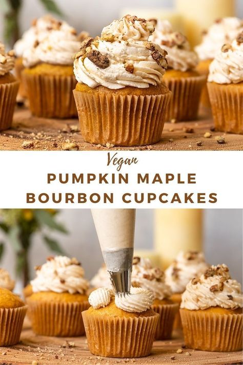 Pumpkin Bourbon Cupcakes, Autumn Bakes, Herbalism Recipes, Bourbon Cupcakes, Maple Buttercream Frosting, Thanksgiving Vegan, Pumpkin Cupcake Recipes, Maple Buttercream, Pumpkin Pie Cupcakes