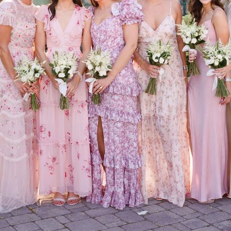 Bridesmaid Dresses Whimsical, Spring Wedding Bridesmaids Dresses Pink, Pastel Floral Bridesmaid Dresses, Pink And Purple Bridesmaid Dresses, Mismatched Pink Bridesmaid Dresses, Purple Floral Bridesmaid Dresses, Pink And Green Wedding Theme, Pastel Pink Dresses, Pink Pastel Outfit