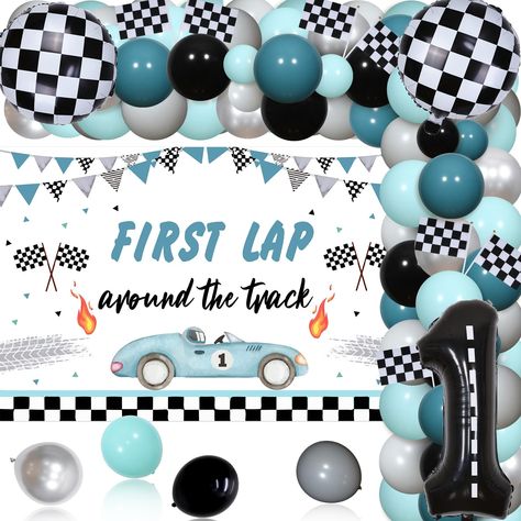 PRICES MAY VARY. First Trip Around the Track Birthday: You will get 49 x latex balloons 12 inches, 20 x latex balloons 5 inches, 1 x birthday backdrop 5*3 ft, 1 x number 1 foil balloon 40 inches (Helium Supported), 2 x round foil balloons 18 inches (Helium Supported), 7 x racing flags 5.5*8.3 inches, 1 x balloon tape strip, 1 x adhesive dispense, 2 x white ribbons. Vintage Fast One Birthday Decorations for Boys: Our racing car birthday party decorations set uses vintage colors, the combination o Car First Birthday Party, Vintage Birthday Decorations, Race Car First Birthday, Car First Birthday, Cars Birthday Party Decorations, Boy Birthday Decorations, Birthday Party Background, Car Themed Parties, 1st Birthday Party Decorations