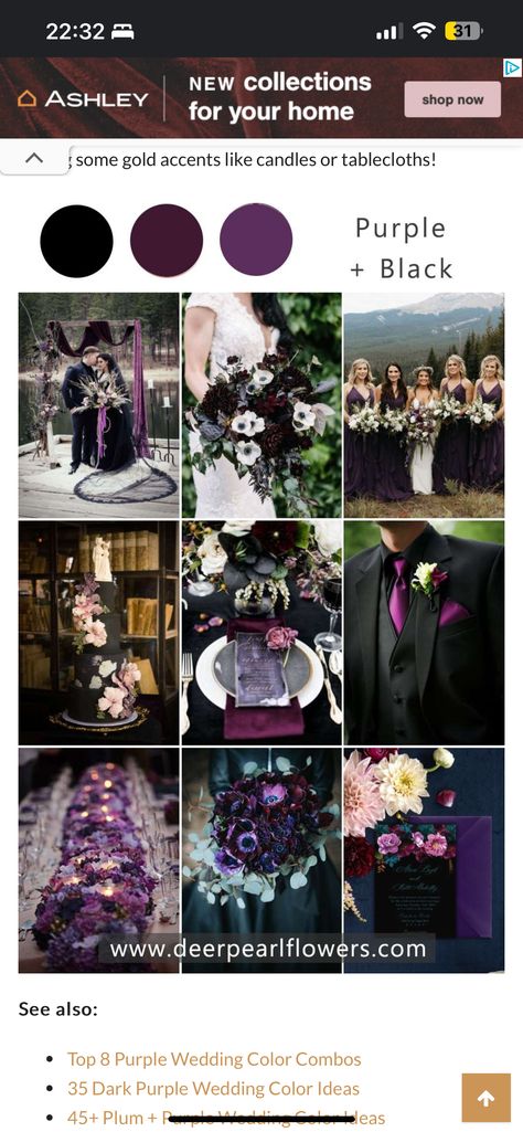 Purple Black White And Silver Wedding, Dark Purple And Black Color Palette, Purple And Black Wedding Theme Color Palettes, Lavender Black Wedding, Black And Purple Wedding Theme Receptions, Enchanted Night Wedding, Witch Aesthetic Wedding, Gothic Wedding Color Schemes, Dark Purple And Black Wedding